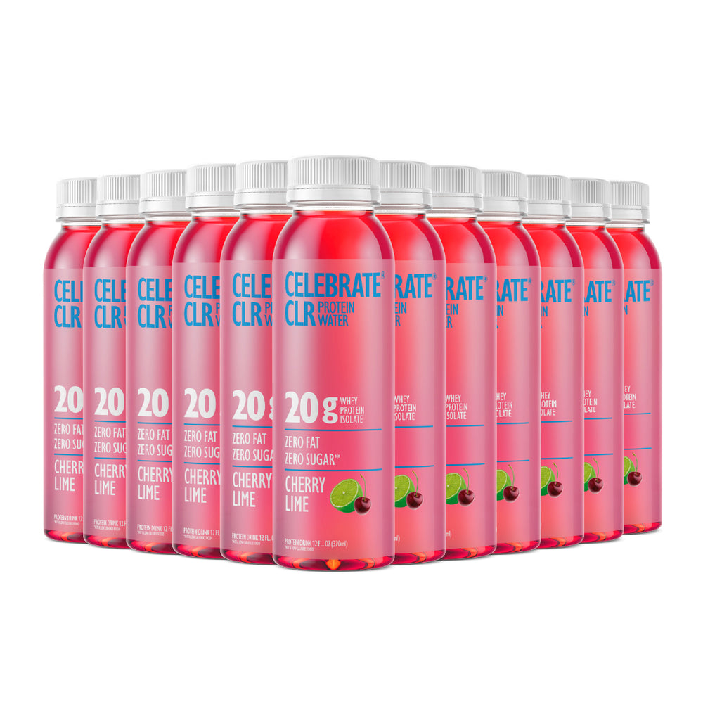 Multiple bottles of Celebrate CLR Cherry Lime protein powder on a white background