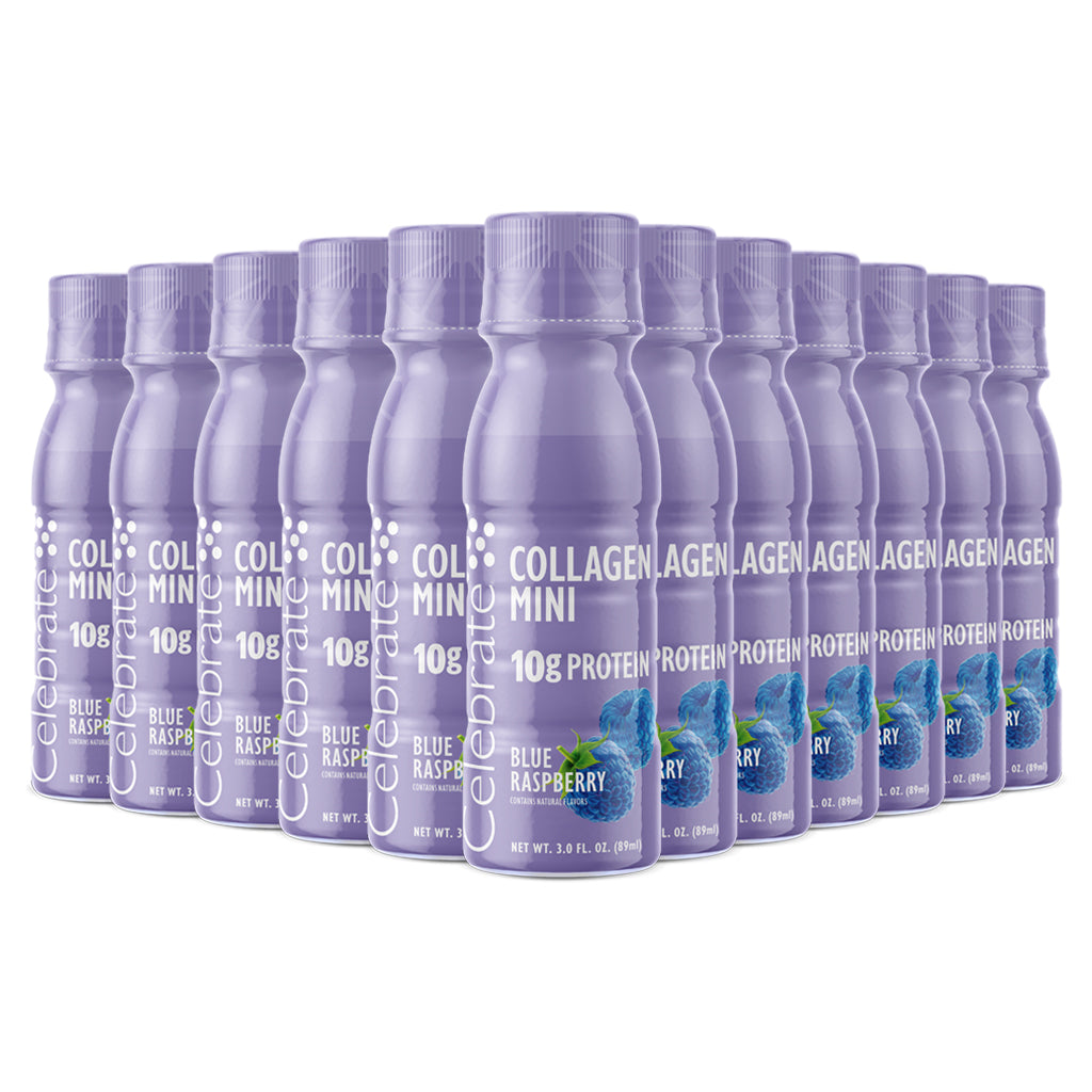 Collagen Mini - Ready-to-Drink Blue Raspberry, 10g protein, 45 calories, hydrating collagen supplement.