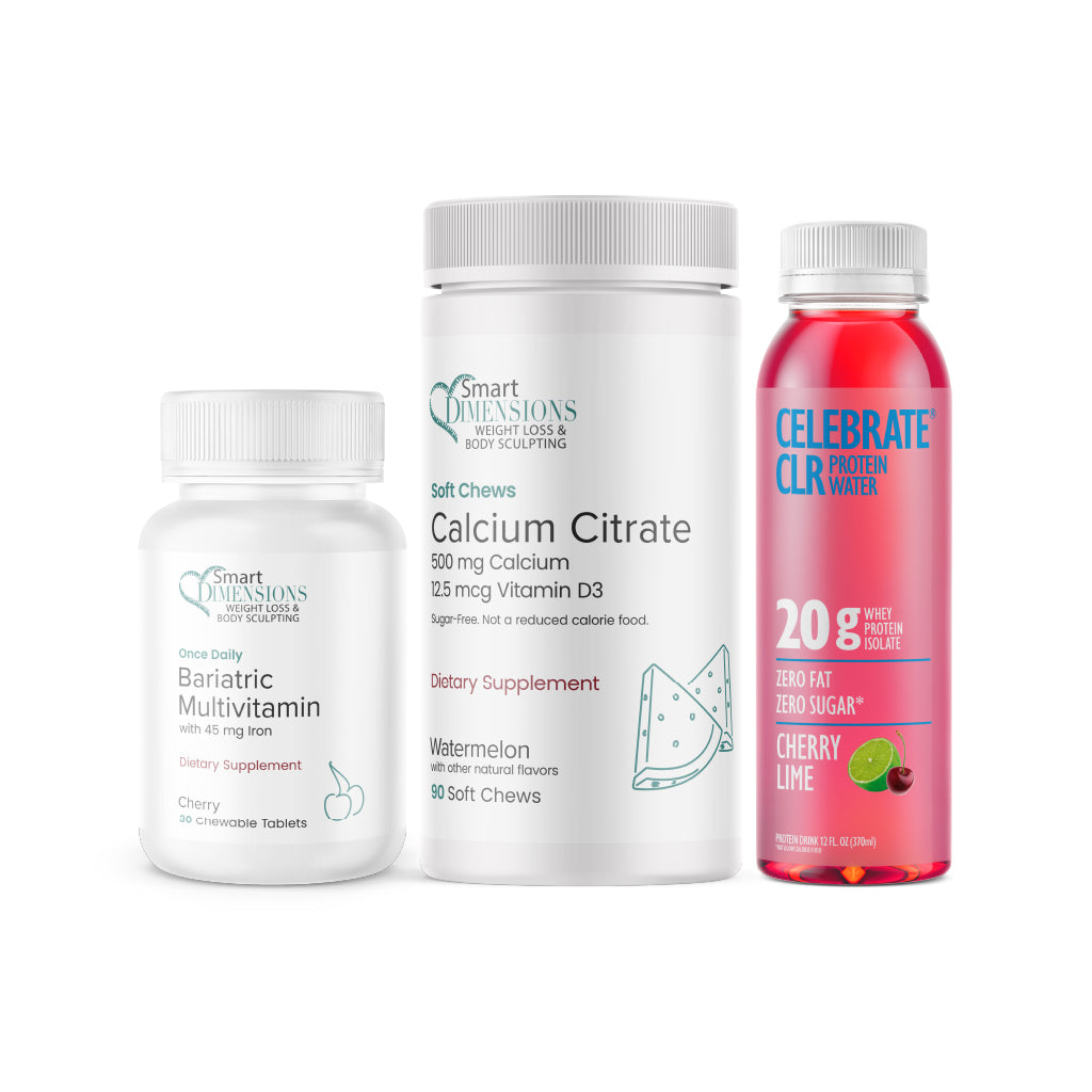 Three health and wellness products including a multivitamin, calcium supplement, and protein shake on a white background.