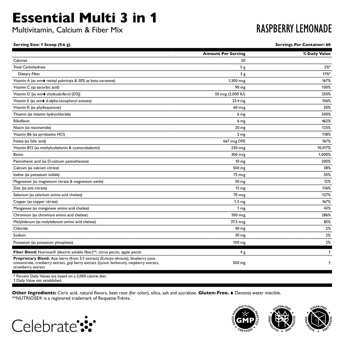 Celebrate Vitamins Essential Multi 3 in 1 - Multivitamin with Calcium Drink Mix, Raspberry Lemonade - Supplement Facts