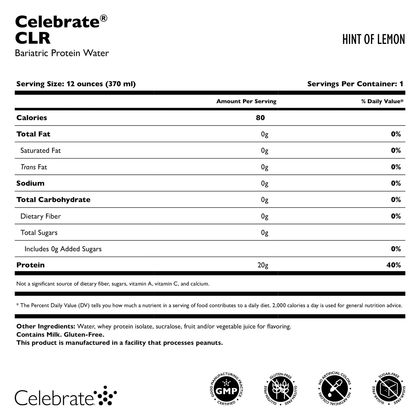 Celebrate Vitamins Hint of Lemon CLR Protein Water Nutritional Facts