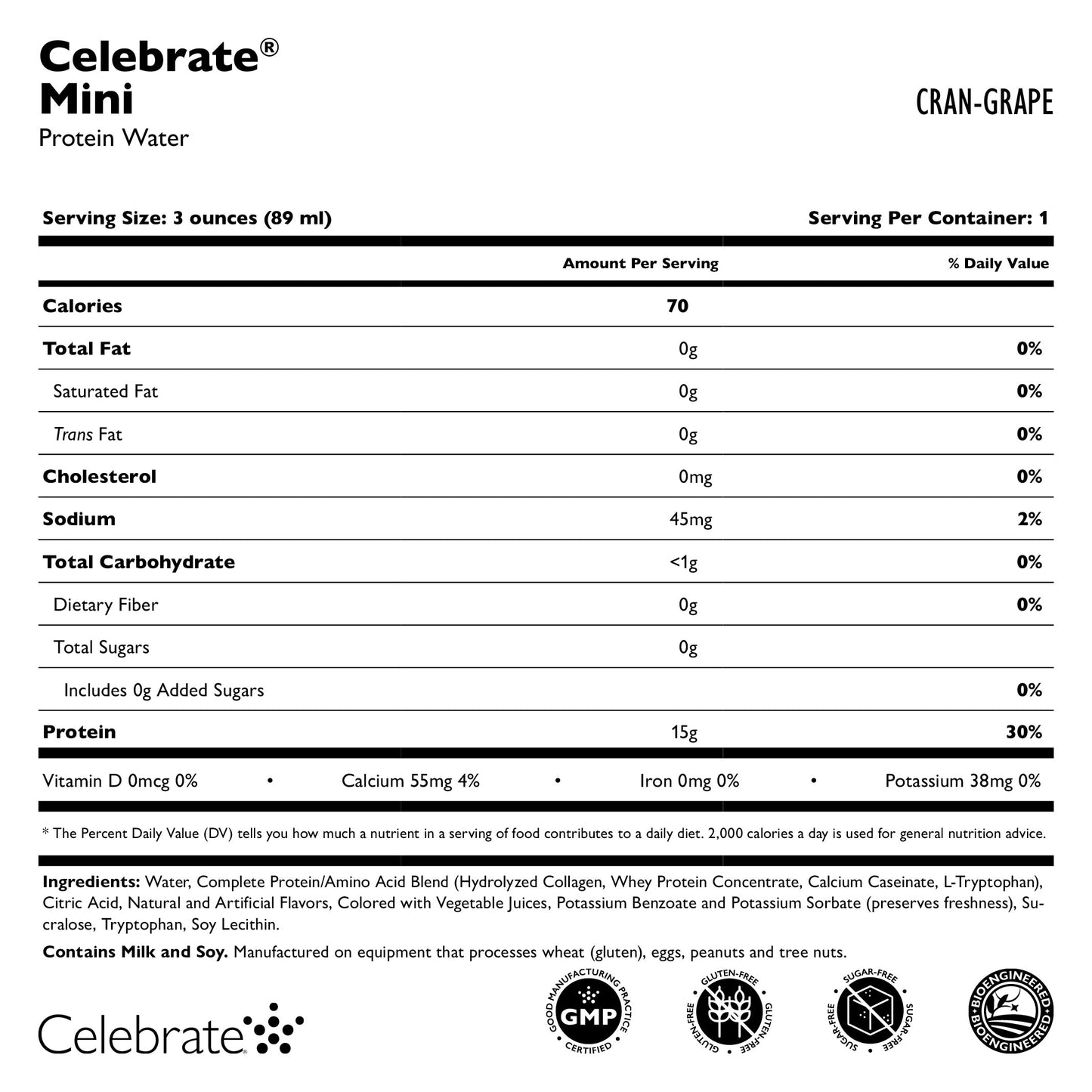 Image of Celebrate Protein Mini - Cran-Grape Flavor Supplement Facts