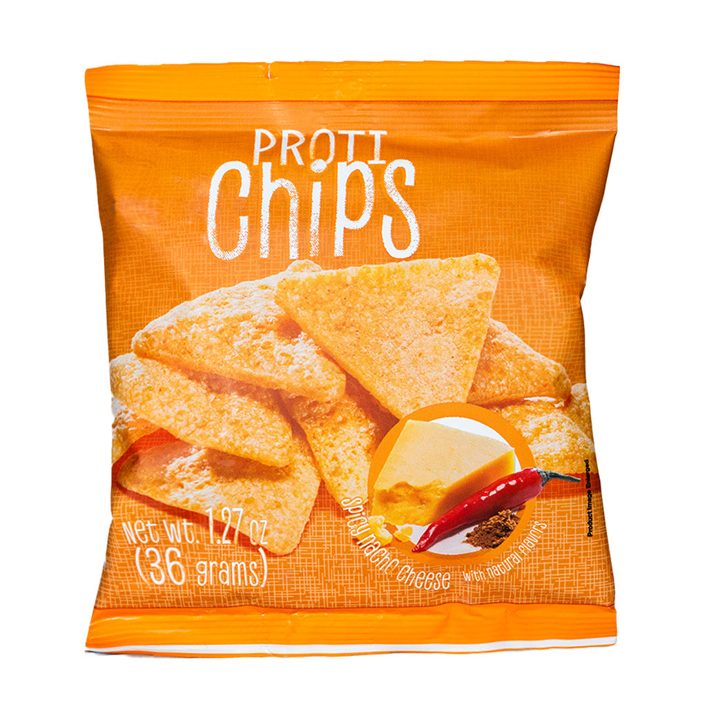 Proti Chips High Protein Chips Spicy Nacho Cheese flavor - tortilla chip bag on white background