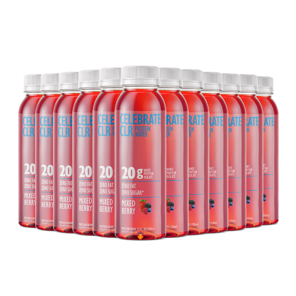 Multiple bottles of Celebrate CLR protein powder in mixed berry flavor on a white background