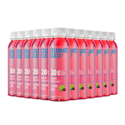 Multiple bottles of Celebrate CLR Cherry Lime protein powder on a white background