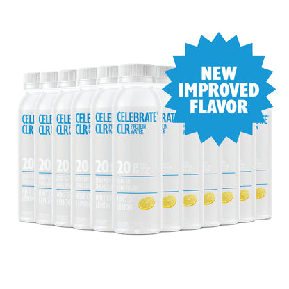 Multiple bottles of Celeb Clear Water with a blue starburst label indicating 'New Improved Flavor' on a white background.
