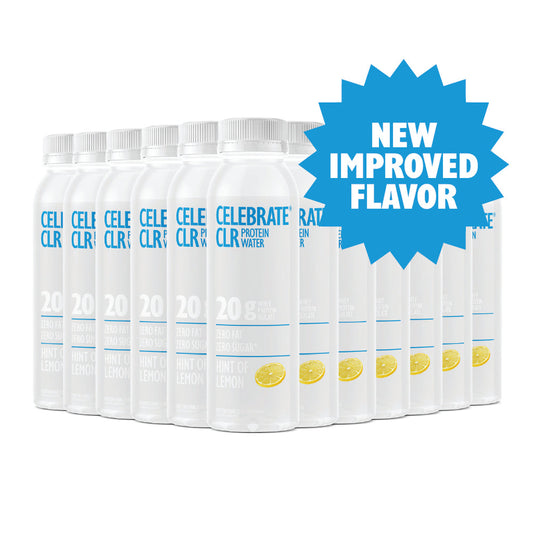 Multiple bottles of Celeb Clear Water with a blue starburst label indicating 'New Improved Flavor' on a white background.