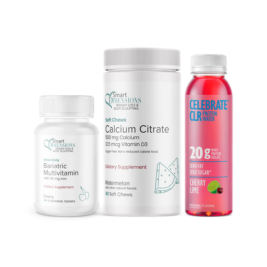 Three health and wellness products including a multivitamin, calcium supplement, and protein shake on a white background.